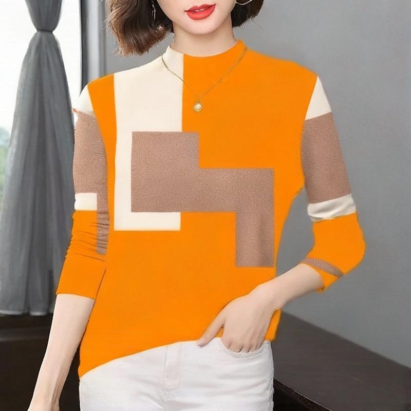 2025 Women's Elegant Color Block Long Sleeve Top, Half-High Collar, Age-Reducing, Plus Velvet, Thickened, Warm Base Layer for Mothers
