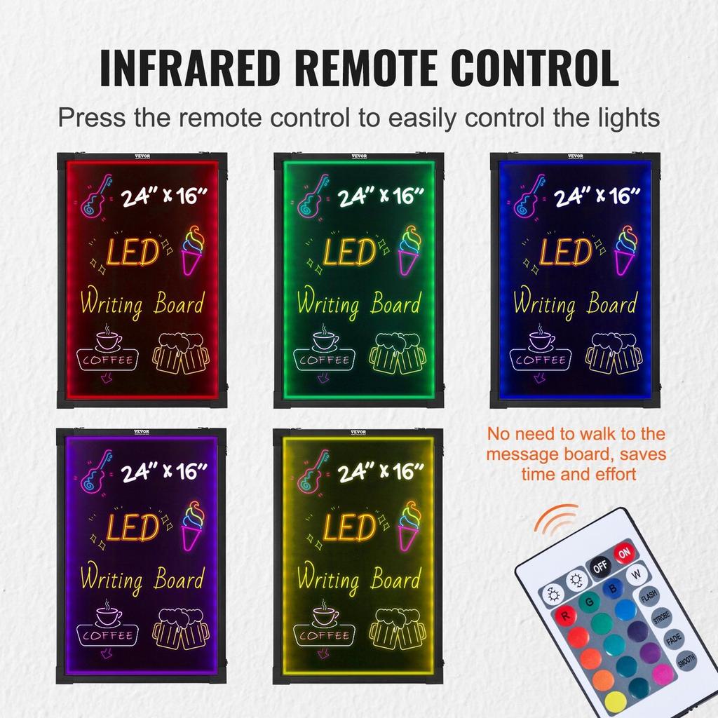 LED Message Writing Board, 24 X 16 Inch Illuminated Erasable Chalkboard, Neon Effect Menu Sign, Drawing Board with 8 Fluorescent Chalk Markers and