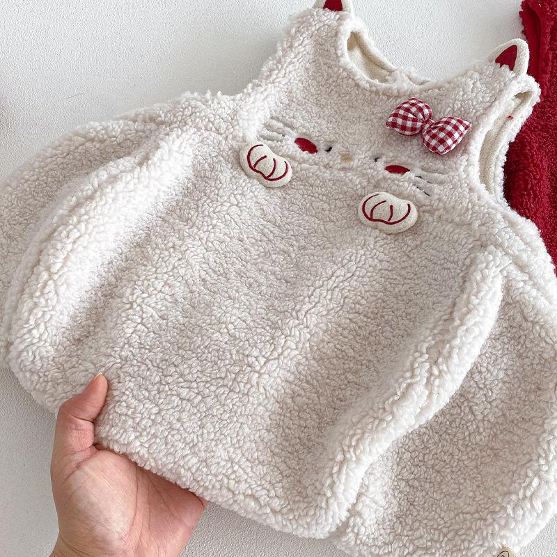Children Red Festival Dress Girls Warm Quilted Sweater Dress Winter Party Outfit