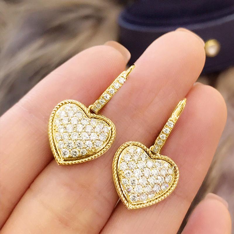 Huitan Sweet Lady Gold Color Heart Pendant Earrings Bridal Wedding Zircon with Bright Zirconia Delicate Luxury Love Accessories