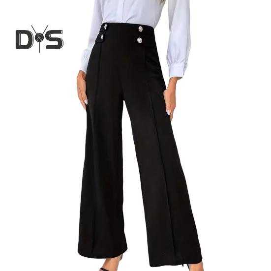 

Женские брюки с высокой талией, широкие прямые брюки, повседневные брюки на весну и осень с пуговицами для повседневной носки на работе S чёрный