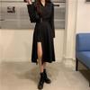 KOSY Herbst Damen Midi Kleid mit Gürtel Schwarz Sexy Übergröße Kleider Koreanischer Stil Langarm Elegant Seitenschlitz A-Linie