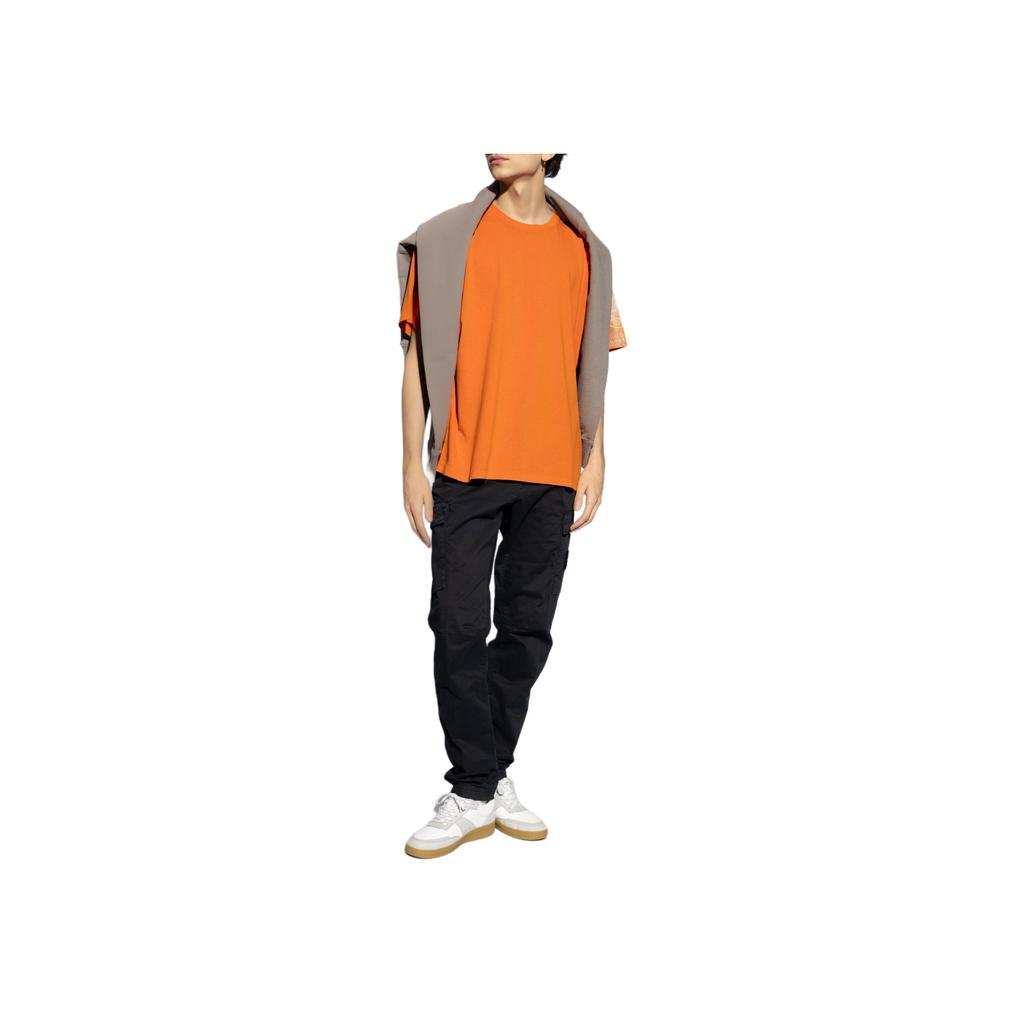STONE ISLAND Gładka Koszulka z Nadrukiem Logo, Okrągłym Dekoltem, Obniżonymi Ramionami i Krótkim Rękawem, Męskie Bluzki, Pomarańczowa, 80152RC85-V0032