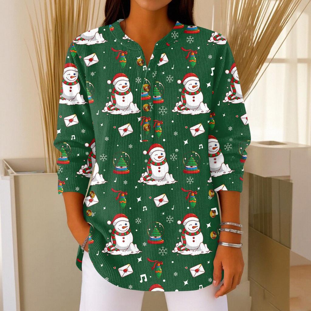 Women's Fashionable Button Collar Long-sleeved Christmas Print Pullover Top