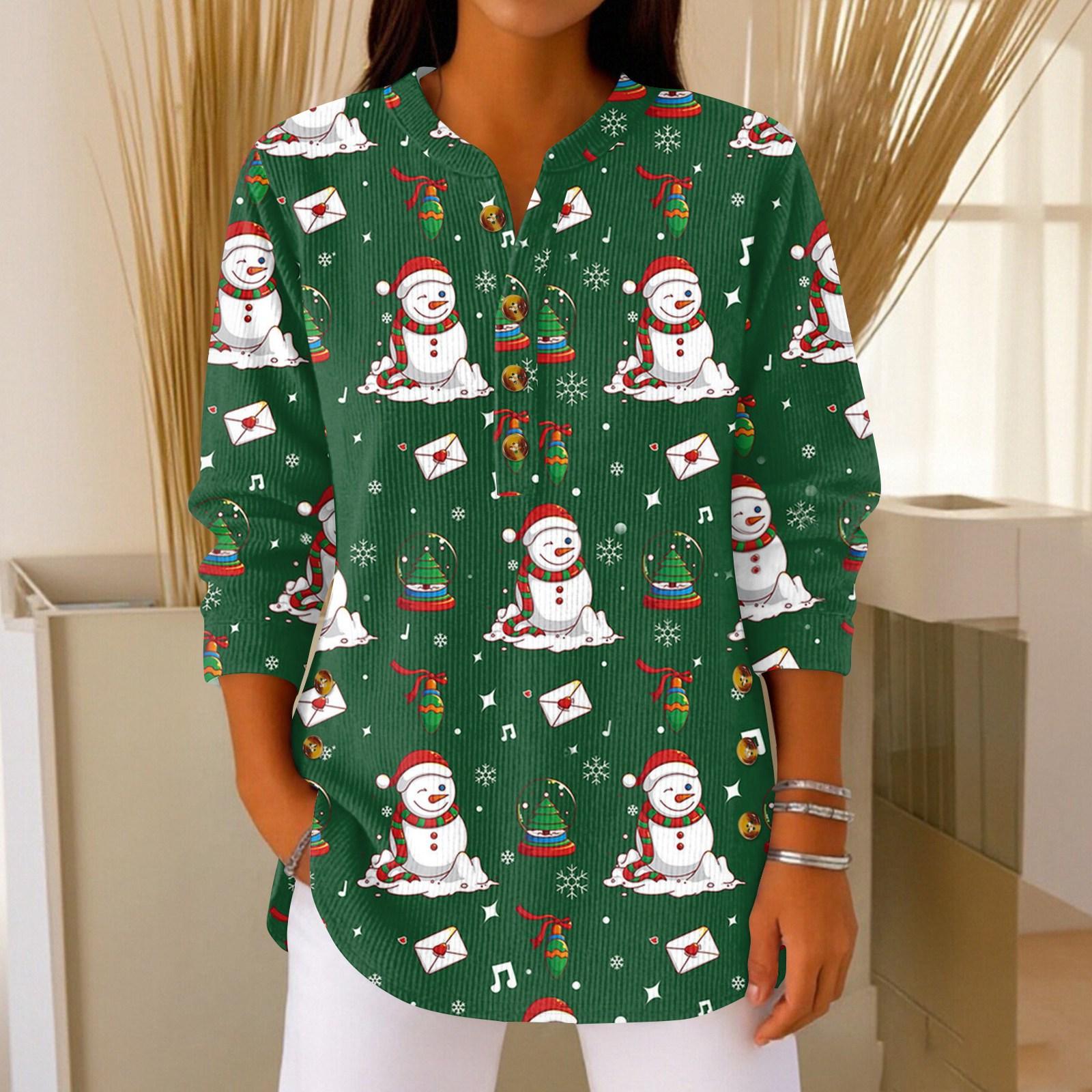 Women s Fashionable Button Collar Long-sleeved Christmas Print Pullover Top L темно-зеленого