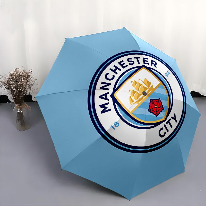 Manchester City, Parasol Automatyczny z Godłem, 8-żebrowa Konstrukcja, Przenośny Parasol, Odpowiedni dla Mężczyzn i Kobiet na Wszystkie Pory Roku, Idealny