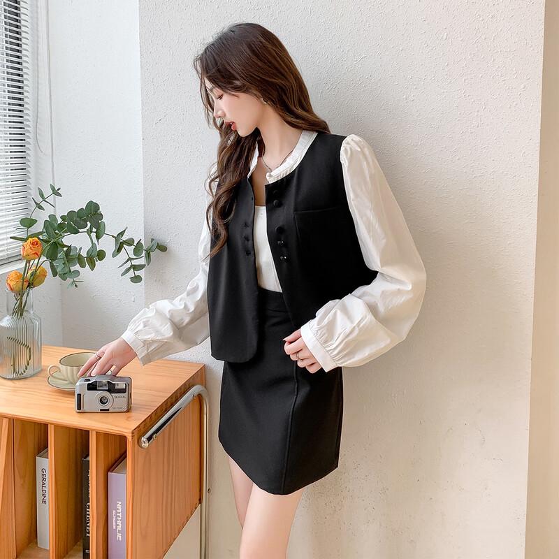 ITISF4 Elegant Spring Spliced Shirt & Skirt Set