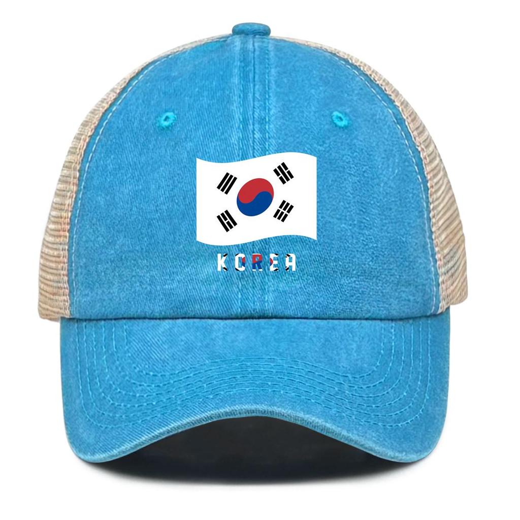 South Korea Flag Waves Print Adjustable Mesh Cap, Patriotic Sports Hat Stylish All-season Raw Brim Trendy Snapback Trucker Hat