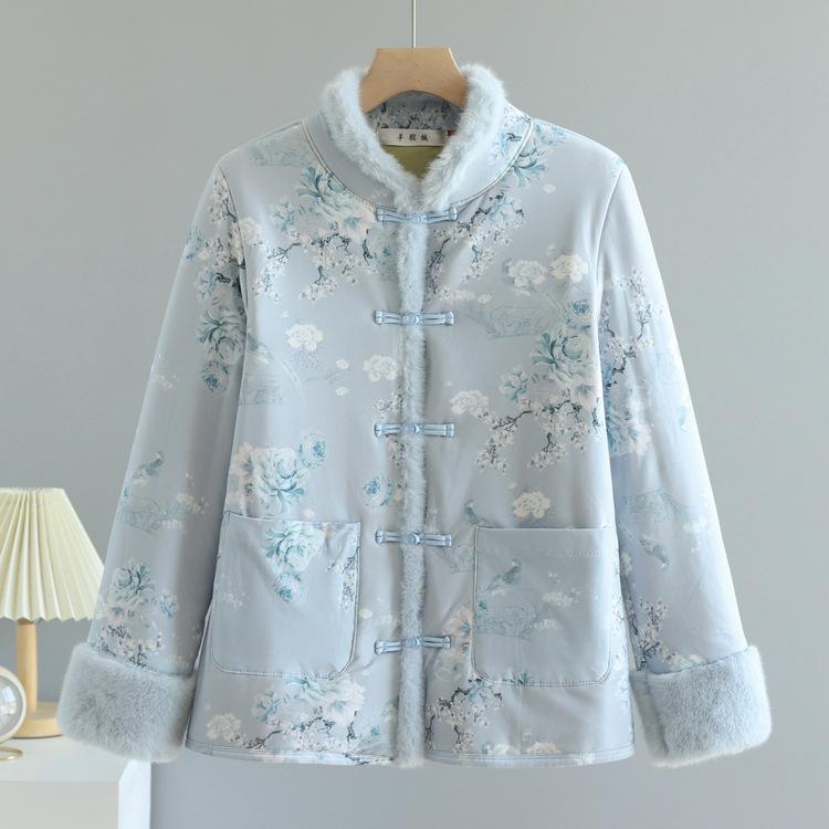 Mothers Wear Chinese Cotton Coat with Velvet Chinese Style Cotton Coat In Winter Thickened Cotton Jacket Cotton Jacket Retro Buckle Jacket