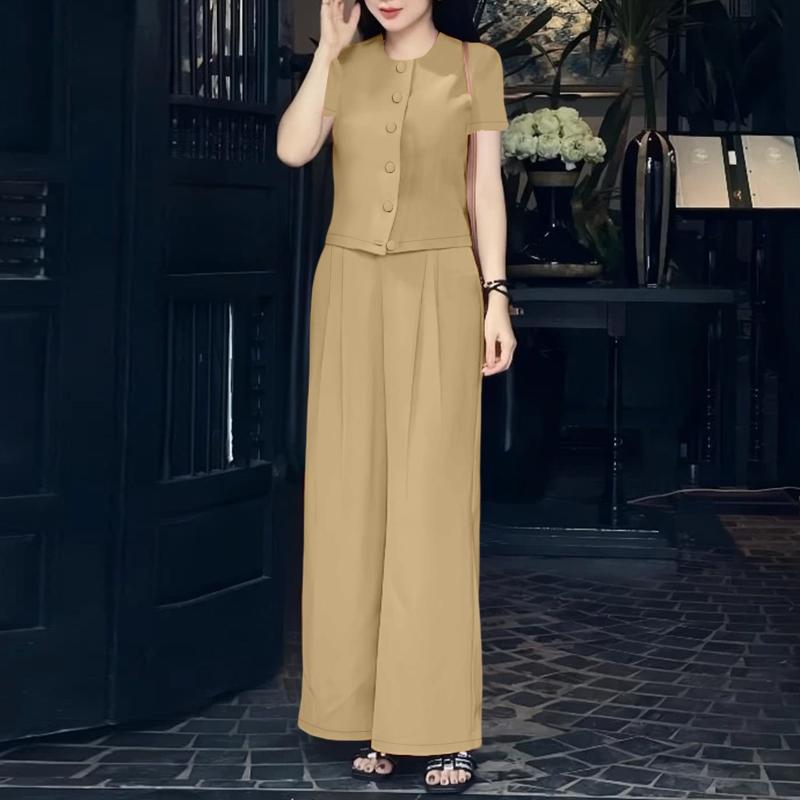 ZANZEA Damskie bluzki z krótkim rękawem i spodnie, casualowe dwuczęściowe zestawy garniturowe