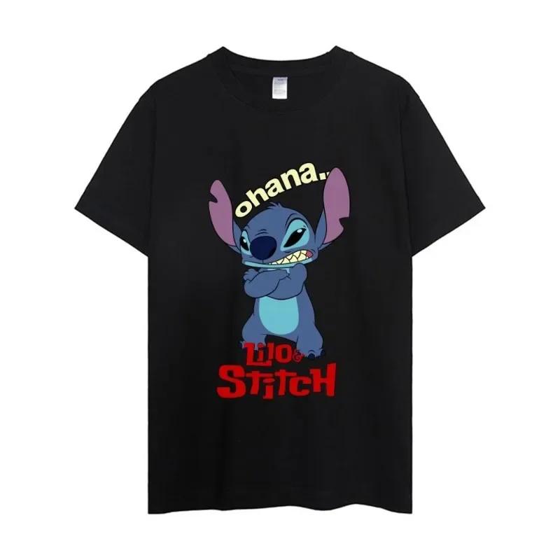 

MINISO Disney Lilo Stitch Футболка Мужская Парная Комбинация Одежды Короткий Рукав Воротник Мода Женская Хлопок#Цвет XXXXL чёрный