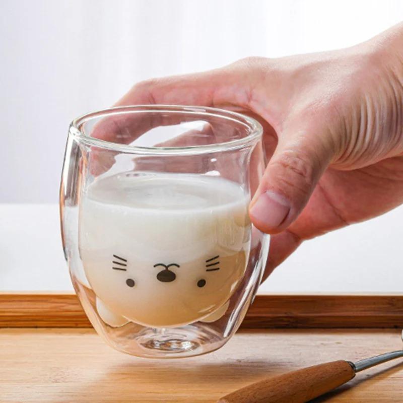 250ml Cute Bear Double-layer Coffee Mug Double Glass Cup Cartoon Animal Milk Glass Lady Cute Cat Duck Bear Gift Christmas Gift