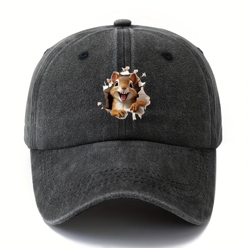 Cartoon Squirrel Print Retro Washed Lightweight Curved Brim Hat Suitable for Outdoor Vacation, Camping Truck Driver Hat