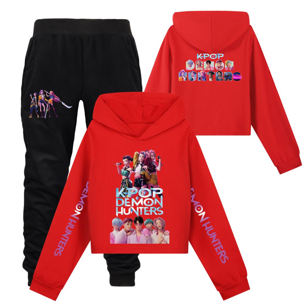 Girls Clothing Sets Kpop Witch Hunt Girls' Half Waist Short Hoodie Single and Double Sleeve Printed Casual Set
