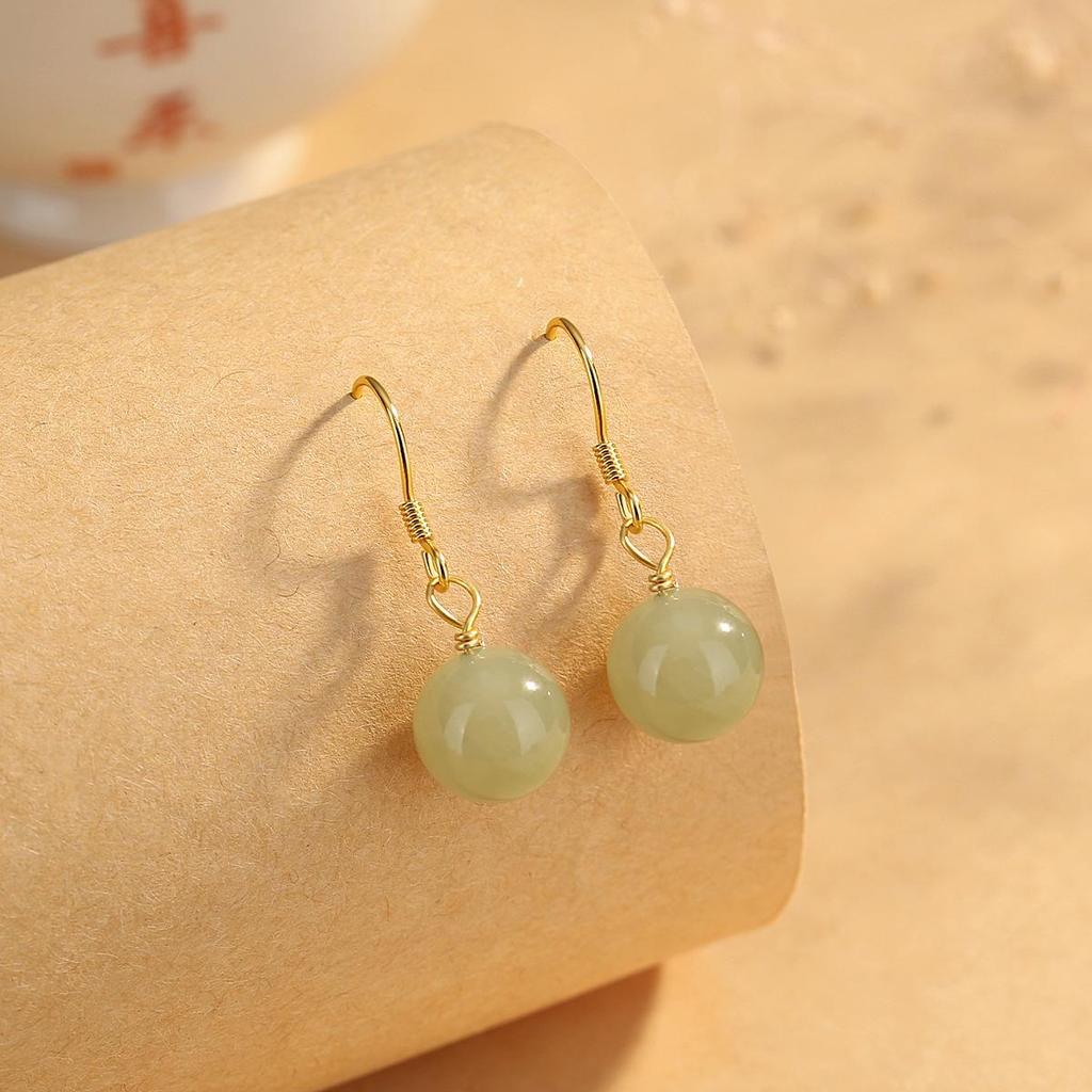 Tichiya Hetian Jade Round Bead Earrings for Women: S925 Sterling Silver, New Chinese Style, High-End Temperament Ear Hooks.