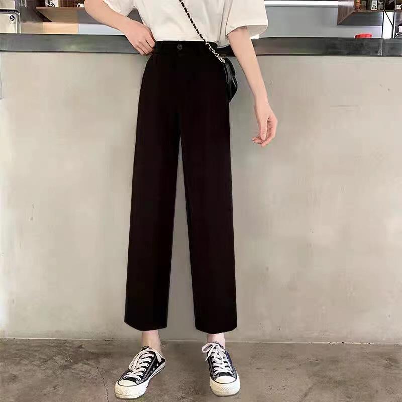 

Women s Petite High-Waisted Black Suit Pants - Loose, Casual, Nine-Point, Wide-Leg, Straight-Leg with Split for Summer 4XL чёрный