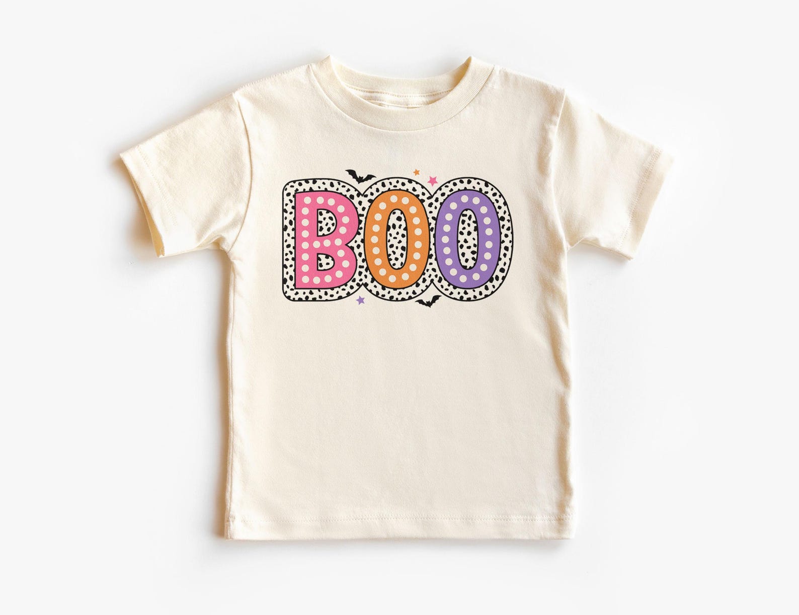 Boo Halloween Girls Shirt - Cute Dalmatian Dots And Bats Outfit - Unisex, Youth & Kids Natural T-Shirt 120
