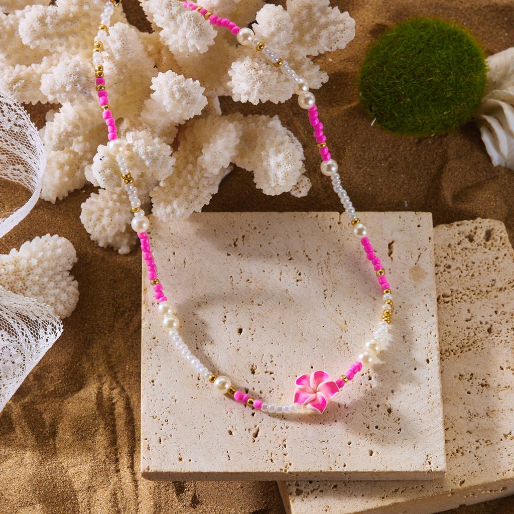 Frangipani Seed Bead Imitation Pearl Necklace Beach Bohemian Vacation Style Flower Necklace Fashion Trend Versatile