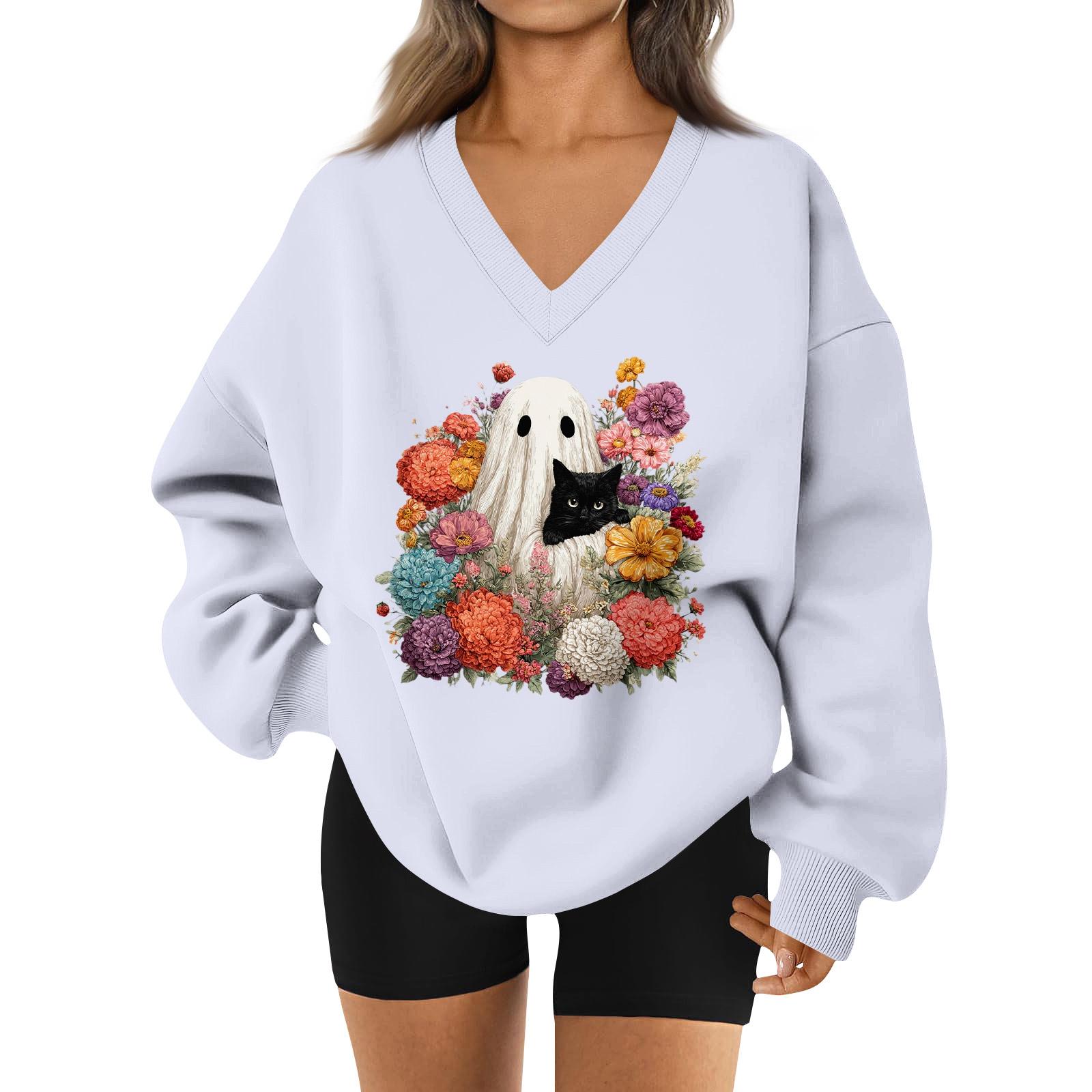 

Женский спортивный свитшот с V-образным вырезом, приспущенным плечом и принтом на Хэллоуин XXL белый