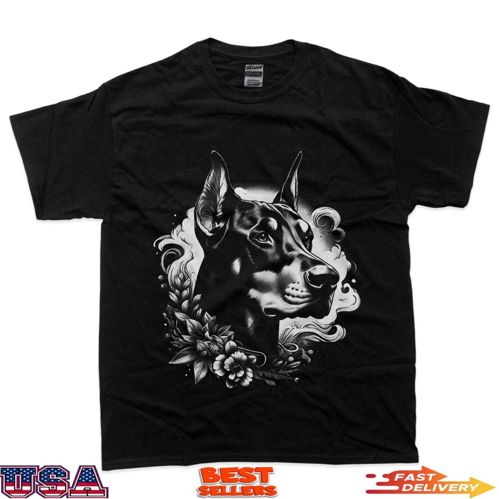 

Cool Doberman Portrait With Flowers Decoration 100% Cotton T-shirt Mens Tees Top L