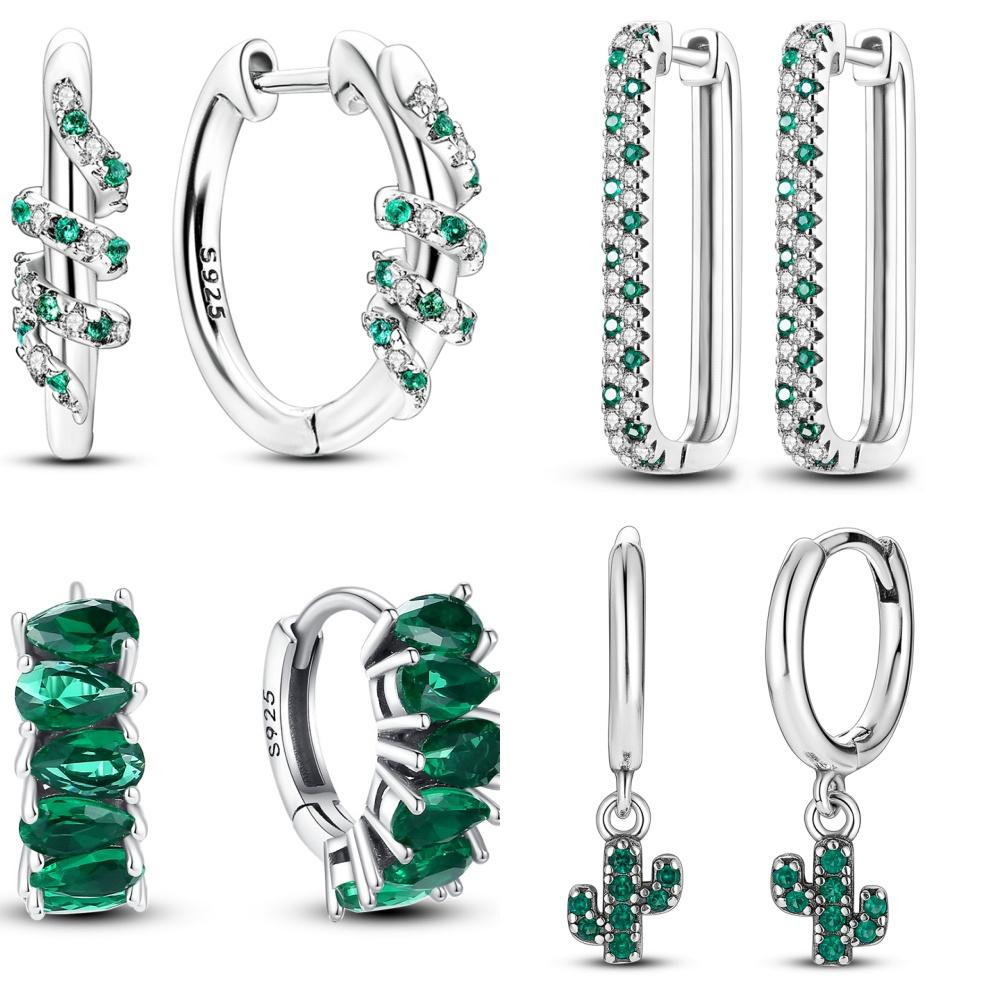 925 Silver Animal Plant Green Series Zircon Hoop Earrings For Women Fashion Jewelry Gift Accessories