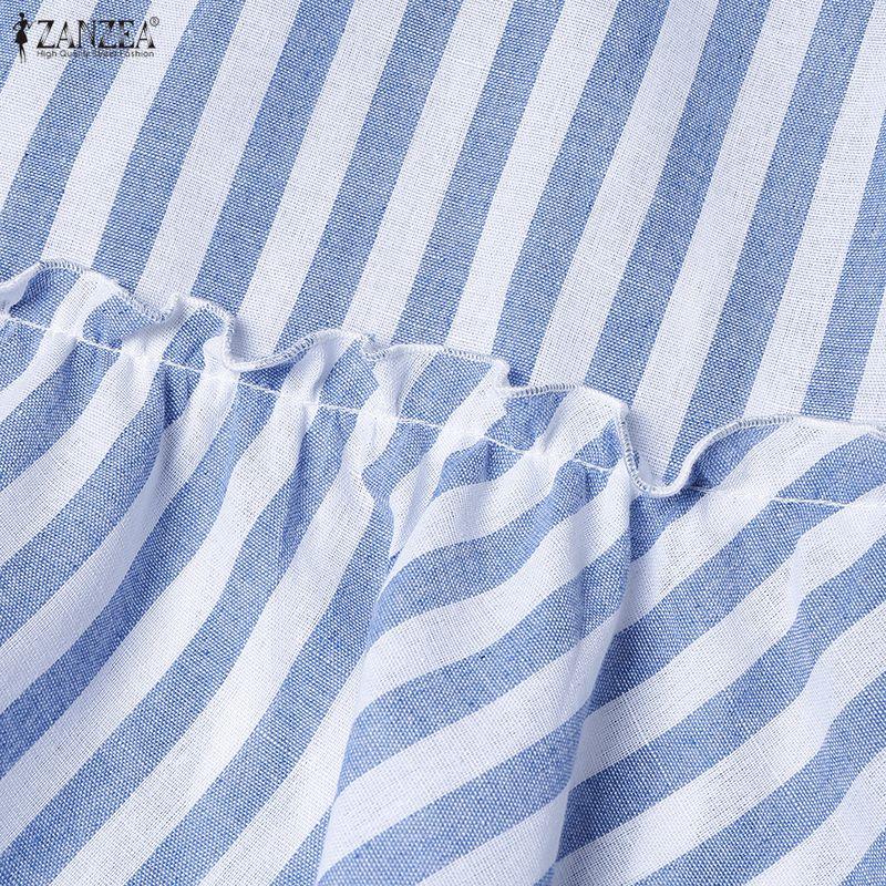 ZANZEA Women Casual Turn Down Collar Short Sleeve Stripe Shirt Dress