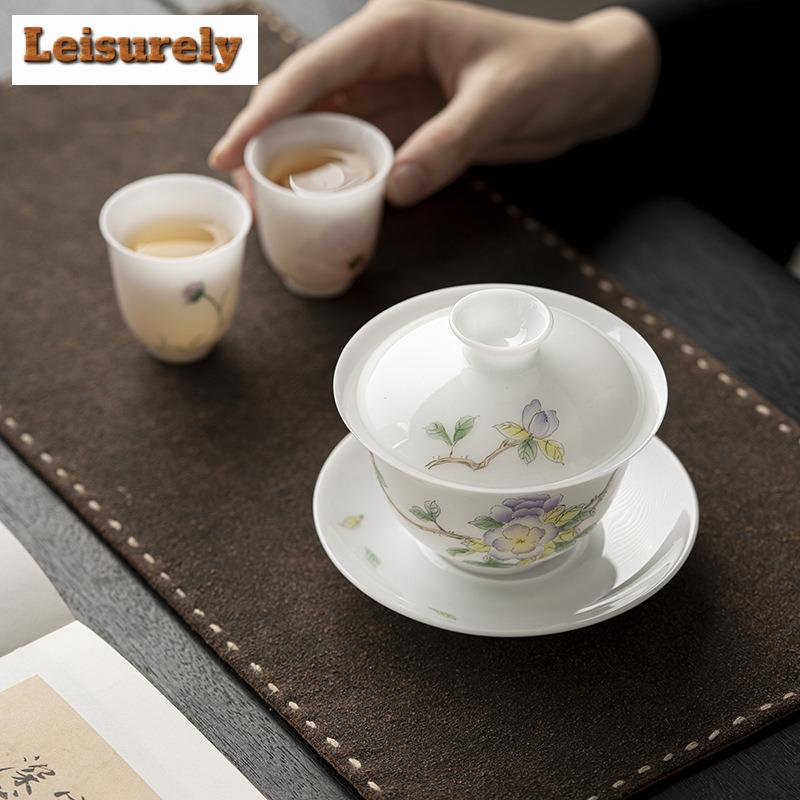 135ml Handbemalter Narzissen Gaiwan Japanischer Weißer Jade Ton Porzellan Teekanne Teekannenabdeckung Schale Trinkzubehör Geschenk