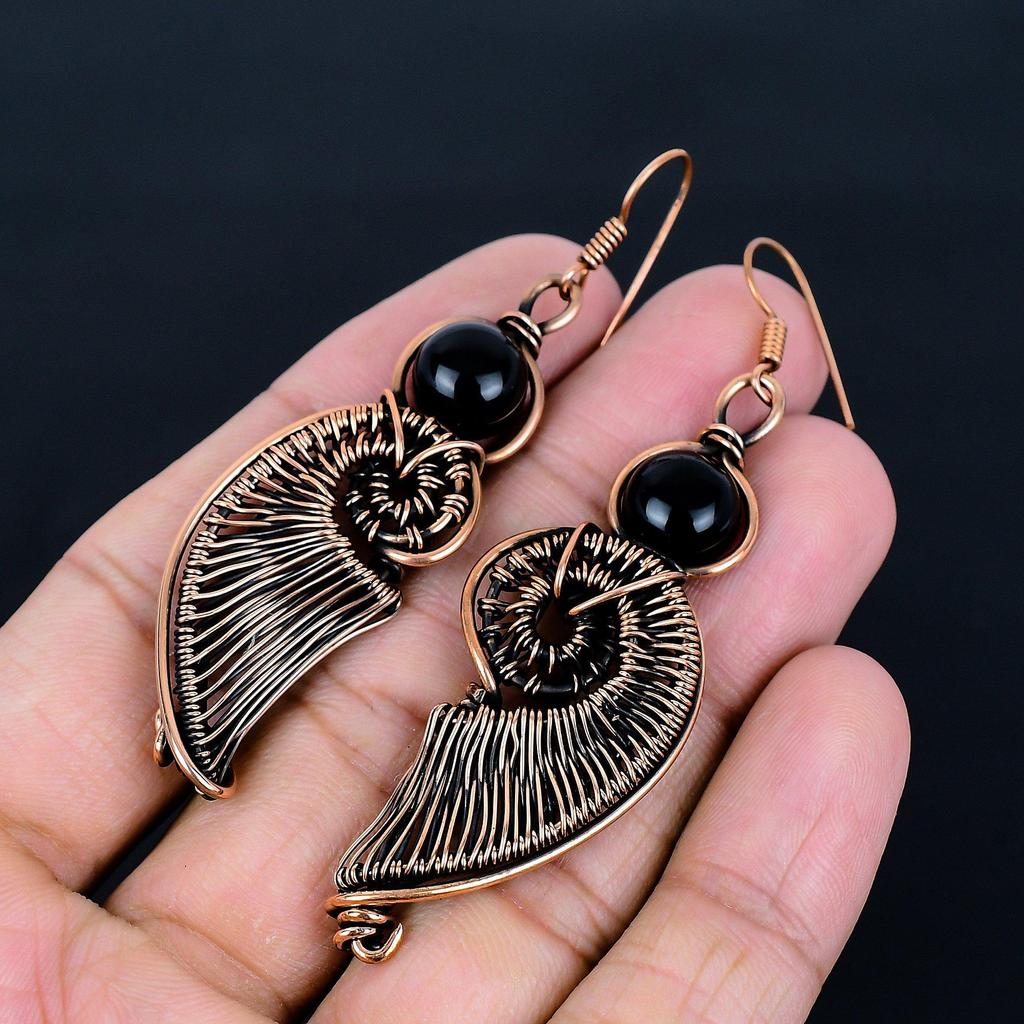 Black Onyx Handmade Gemstone Earrings, 999 Copper Wire Wrapped Earrings Antique Jewelry, For Engagement Gift