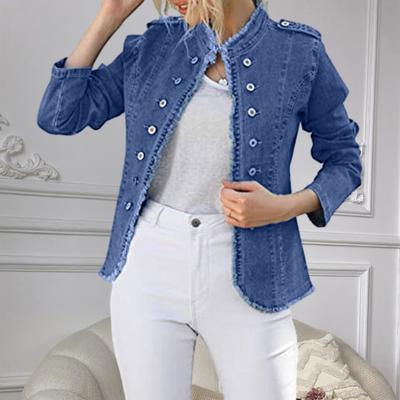 Women's Jean Jacket Long Sleeve Frayed Hem Stretchy Denim Jacket Slim-Fit Button Down Cropped Jean Coat