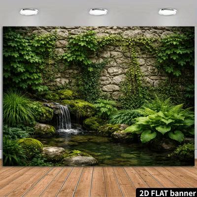 2D Enchanted Backyard Waterfall with Stone Wall Backdrop Photo Background