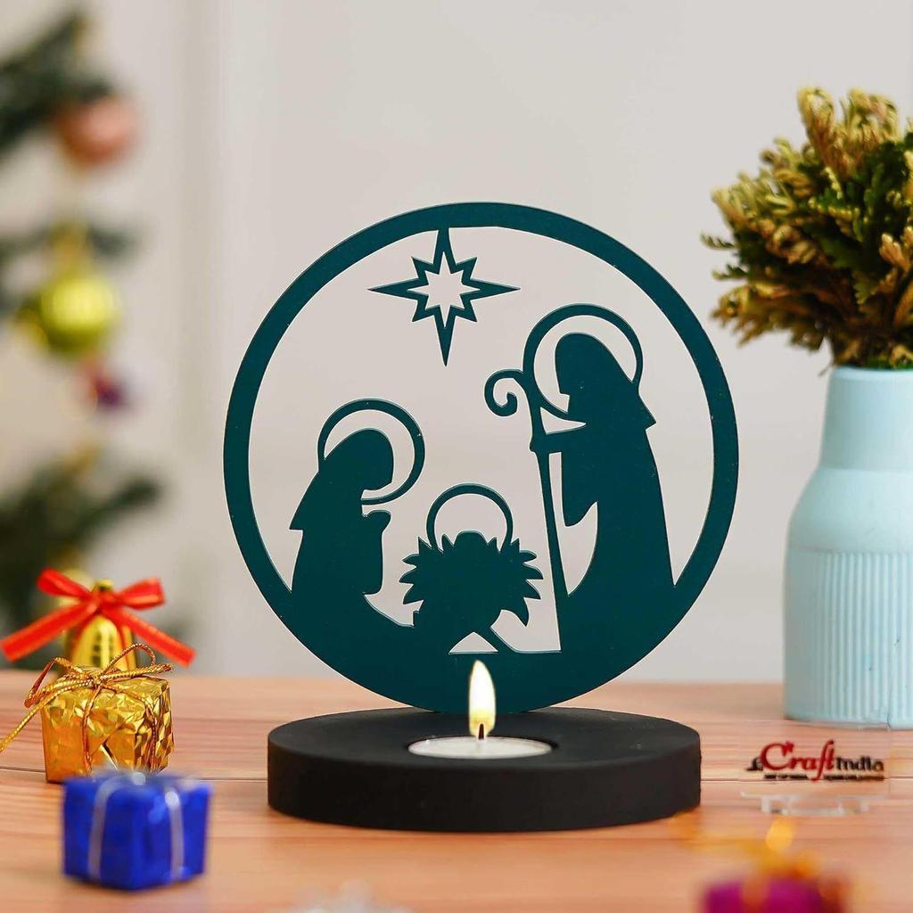 Nativity Scene Holy Family Jesus Birth Decorative Tea Light Candle Holder (Wooden Green)| Christmas Decoration Items for Home Office