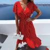 Women's Casual V Neck Tie Waist Ruffle Sleeves Polka Dot Print Dress