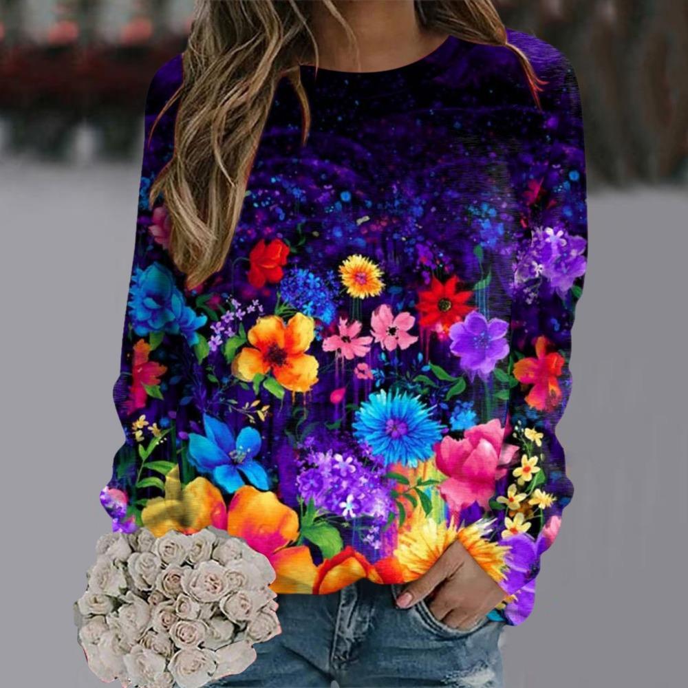 Fashionable Retro 3D Floral Print Women's Casual Round Neck Long Sleeved T-shirt