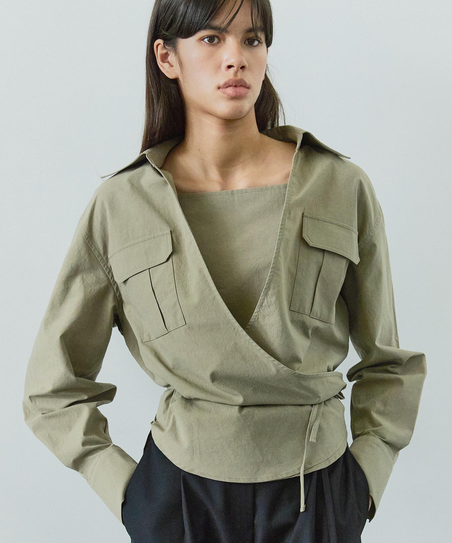Ihr Pocket Wrap Shirt With Sleeveless Top / Khaki Stripe
