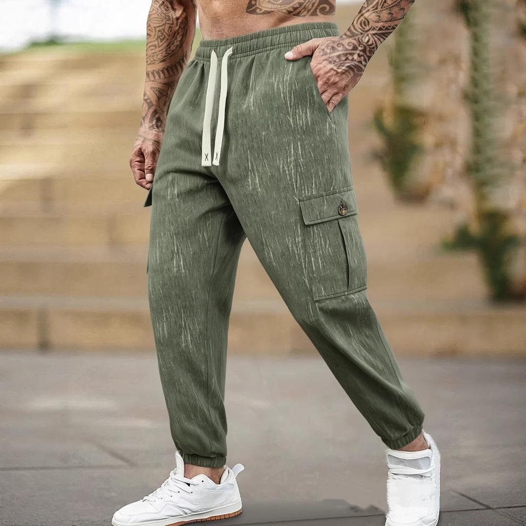 Men's Casual Loose Fit Outdoor Multi Pocket Cargo Pants Elastic Waistband Drawstring Adjustable Leg Opening Durable Fabric