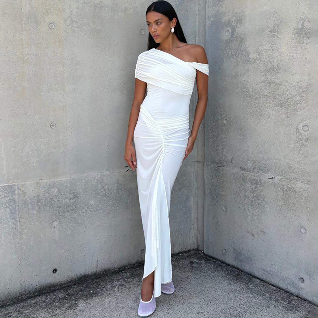 

Spring new slim-fit irregular pleated solid color long dress European and American sexy off-the-shoulder dress S белый