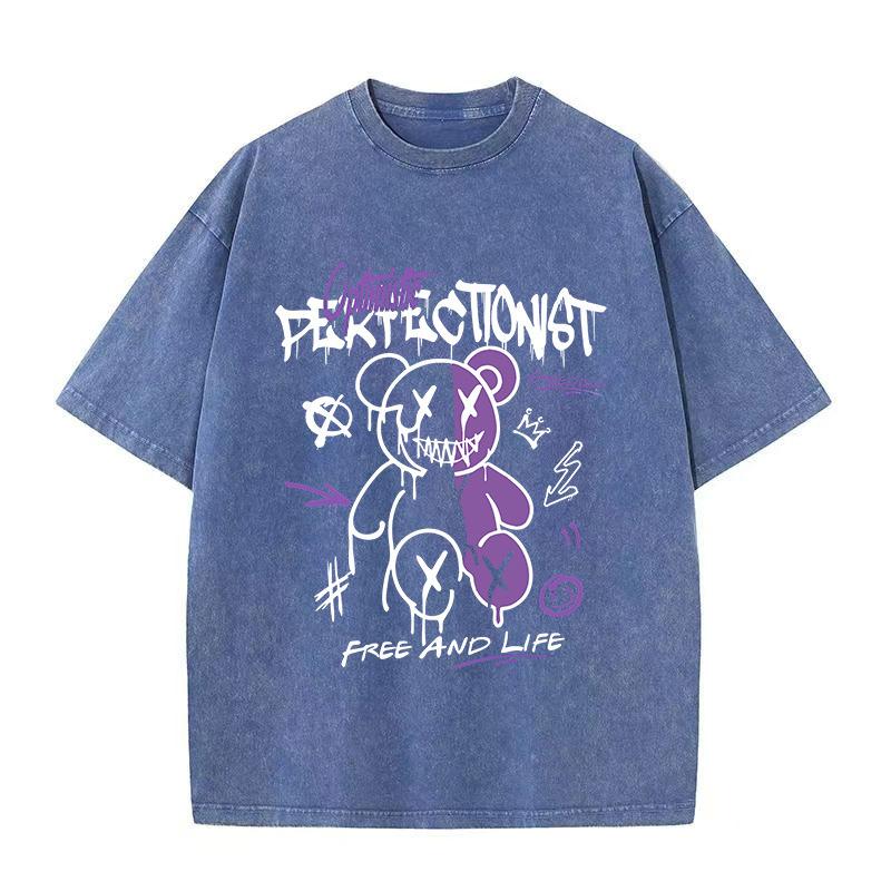 Męskie i damskie modele dla par retro nadruk diabła plus size wygodna oddychająca luźna stara koszulka z krótkim rękawem po praniu