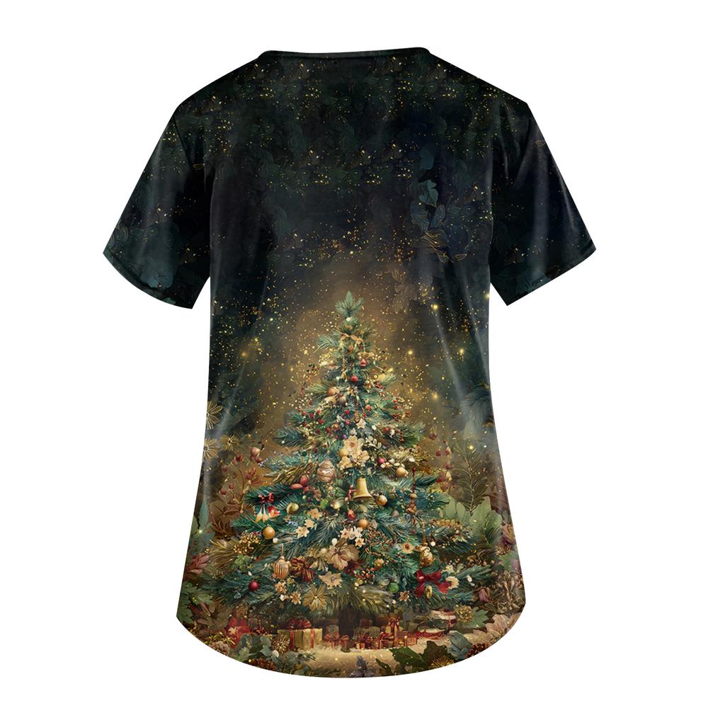 Ladies' Fashionable V-neck Pocket Short Sleeved Christmas Tree Printed Caregiver Uniform