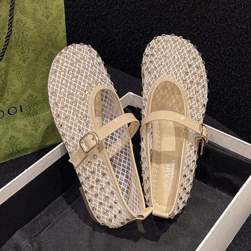 

Модная женская летняя обувь 2025 Летняя мода Круглый носок Дышащие туфли Мэри Джейн Легкая мягкая подошва Туфли-балетки со стразами 35 бежевый