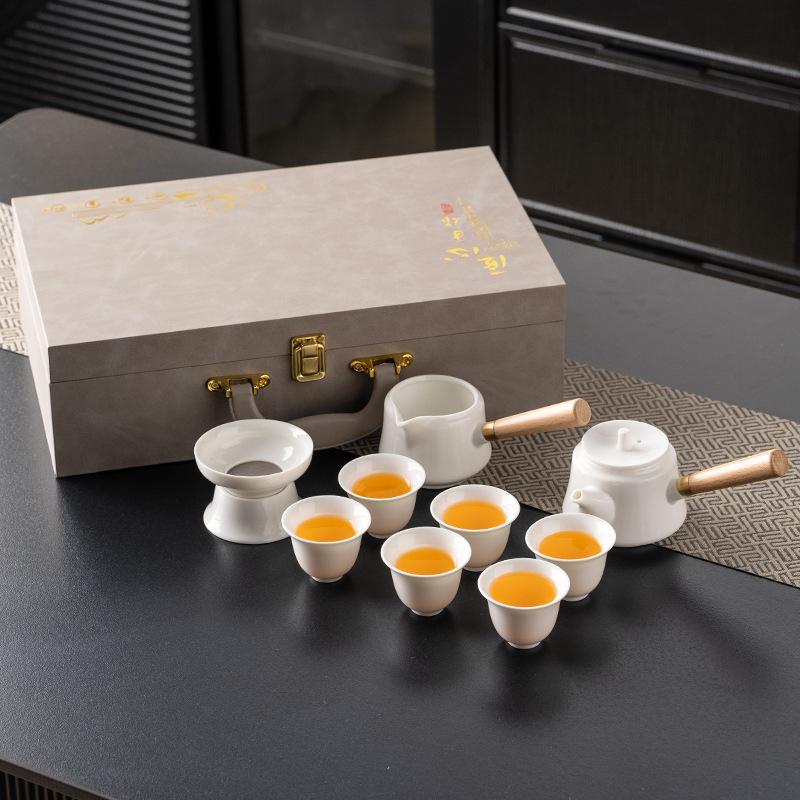 Suet Jade White Porcelain Side Handle Pot Kung Fu Tea Set High-end Home Tea Art Office Simple Teapot Teacup