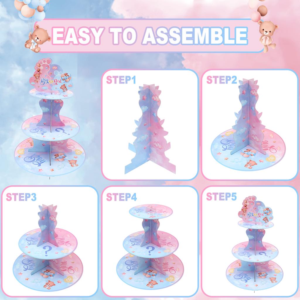 Gender Reveal Party Cupcake Stand Decorations Blue Pink Bear Cake Stand Baby Shower Boy Girl Christening Party Favors