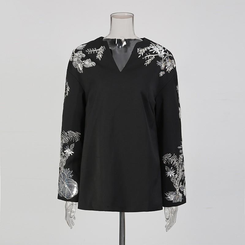 National Style Retro Printed Suit Women's Letter Collar Loose Long-sleeved Top + Mid-waist Slimming Micro-pants