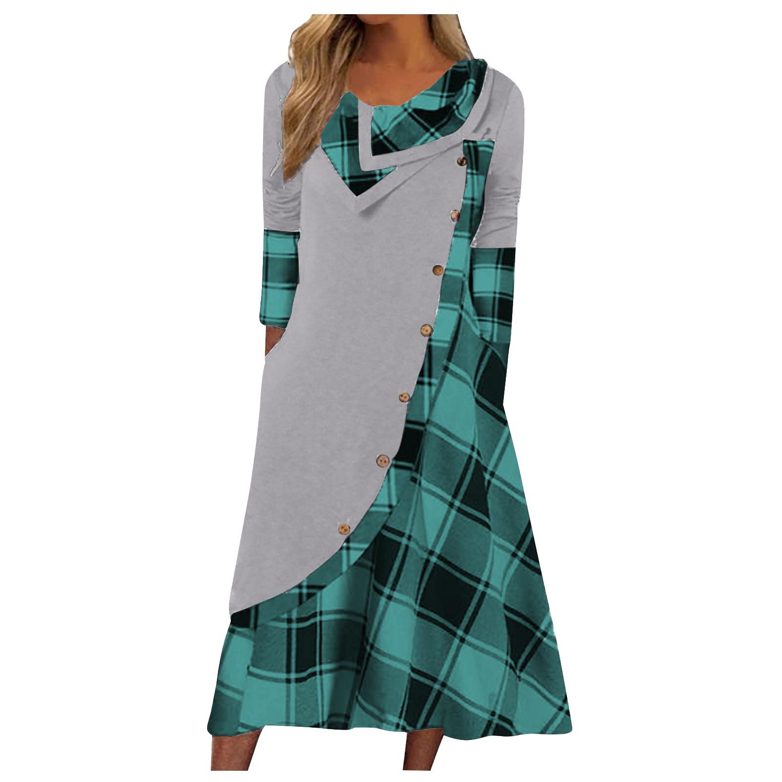 

Женское модное платье в клетку с пуговицами и карманами с кучей шеи и длинными рукавами XL