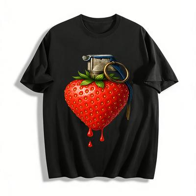 Weird Strawberry Grenade Graphic Print T-shirt Unisex Trendy Casual Loose Short Sleeve Top Pure Cotton T-shirt