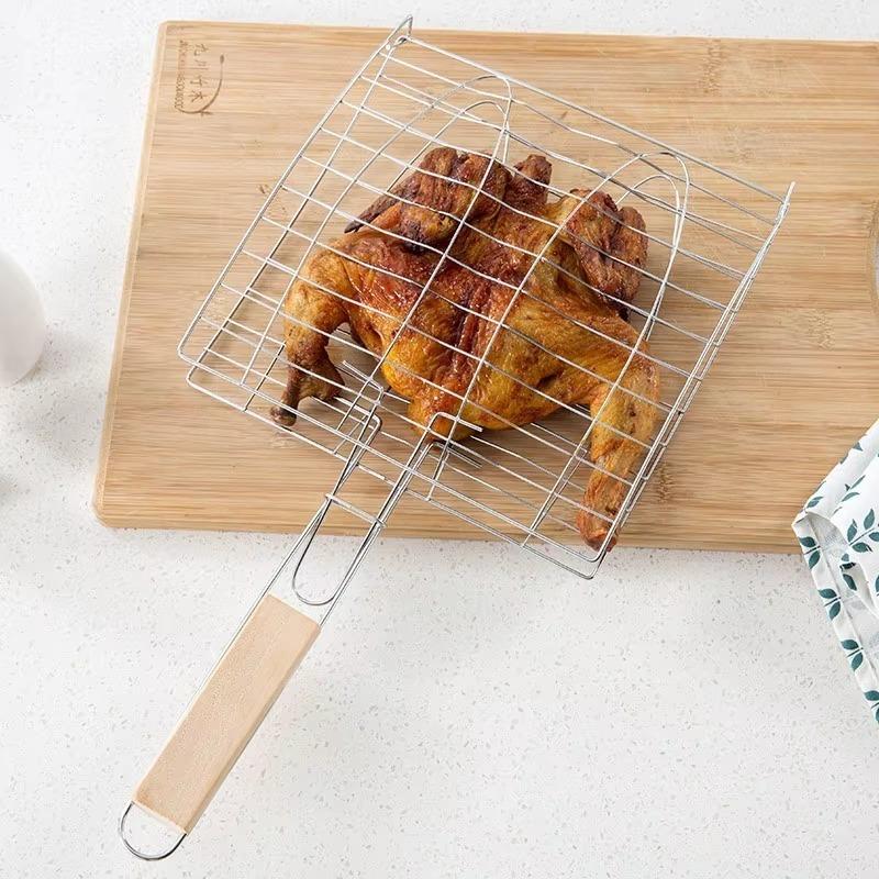 Stainless Steel BBQ Grill Net With Chrome Plated And Hardwood Handle Fish Meat Grill Barbecue Clip Clamp Folder Net BBQ Tools