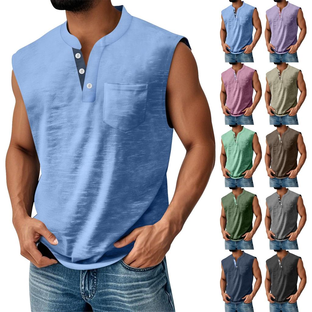 Men's Summer Solid Matching Color Pocket Sports Buttons Vest Men's Sports Casual Vest