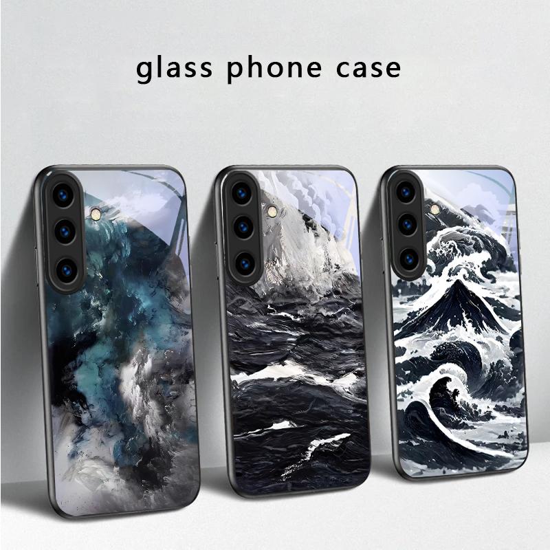 Abstrakte Moderne Wellen Für Samsung Galaxy S20 S21 S22 S23 Plus S24 FE S25 Ultra S26 Edge S25+ 20+ 22+ 24+ Schwarze Glas-Handyhülle