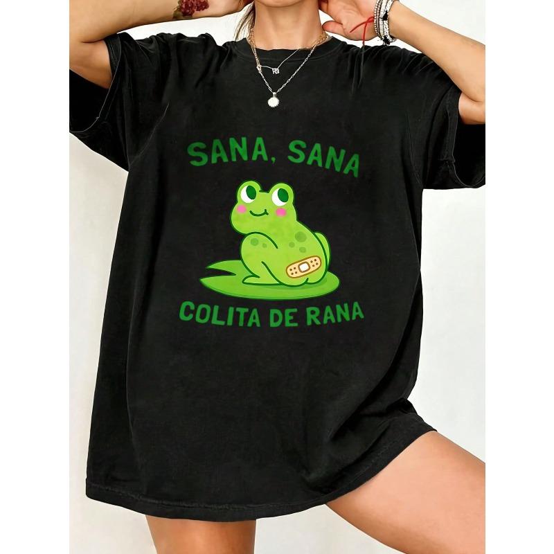 Schwarzes Oversize-T-Shirt mit Froschmotiv, Verband und dem Aufdruck „Sana Sana Colita De Rana“ für die Freizeit