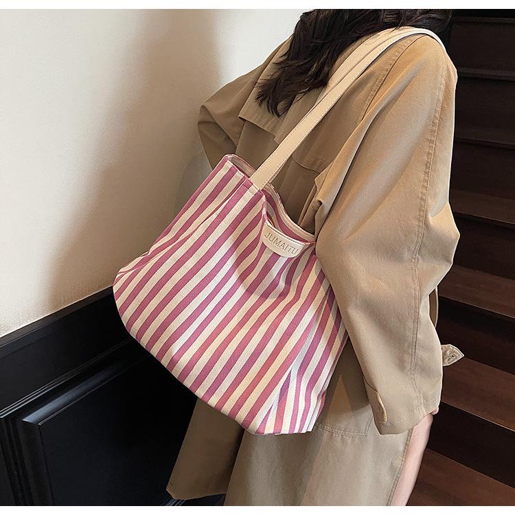 Retro Striped Canvas Tote: Fashionable Large-Capacity Single Shoulder Shopping Bag for Women