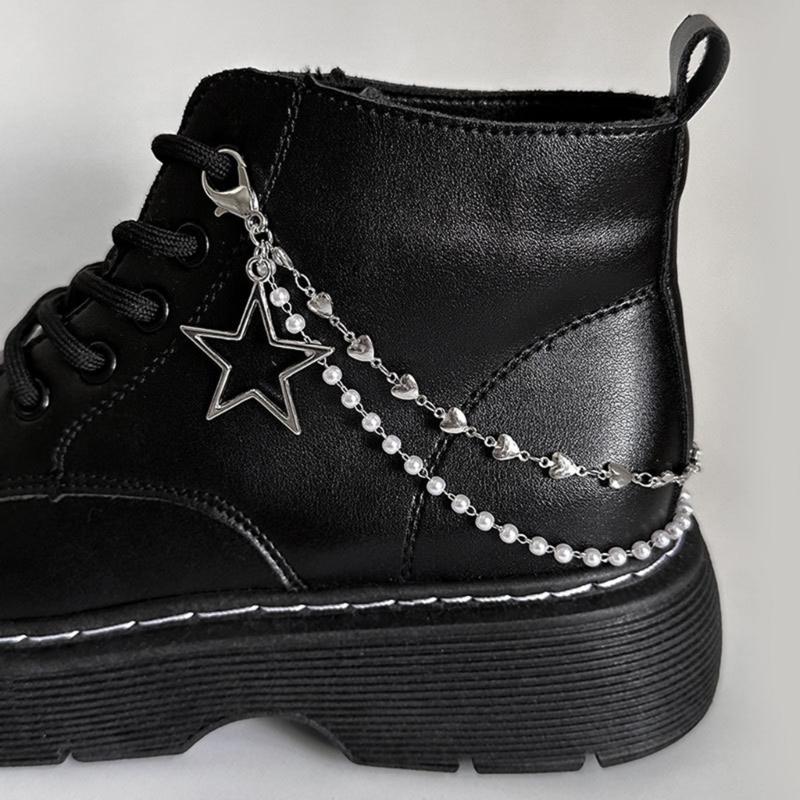 Doppellagige Schuhkette Canvas Schuhe Ketten Punk Stil Stern/Herz Perlen Schuhschnallen Schmuck Trendy Y2k Accessoires